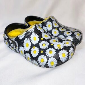 Crocs Classic Lined Clog Daisy Floral Black Yellow Fuzzy Fleece Mens 4 Womens 6
